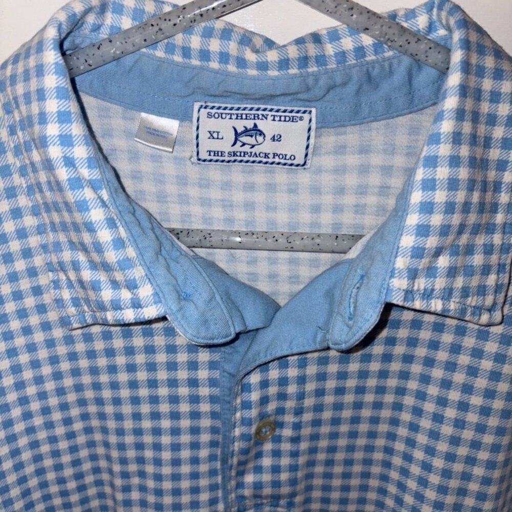 Southern Tide Skipjack Sky Blue White Houndstooth Gingham Polo Short Sleeve XL